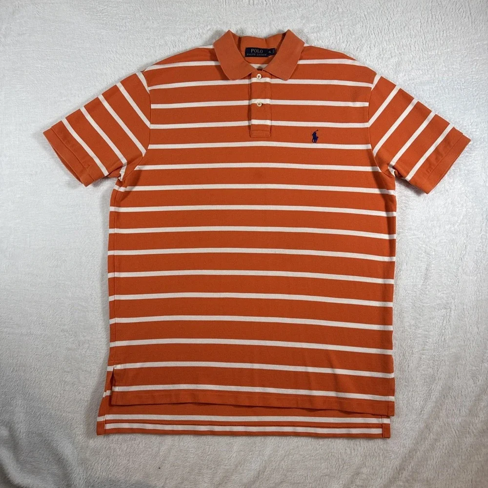 Polo Ralph Lauren Polo Shirt Men's XL‎ Orange White Striped Blue Pony